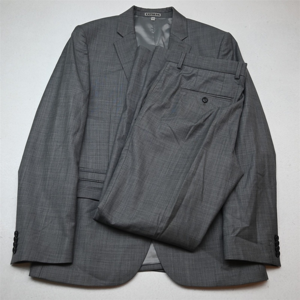 Express 38R 32x32 Gray Sharkskin Wool Photographer Fitted Slim Jacket Pants Suit